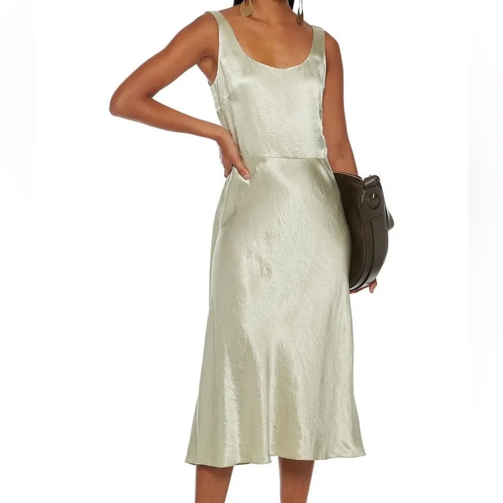 VINCE Fitted Satin Tank Slip Midi Dress in Green